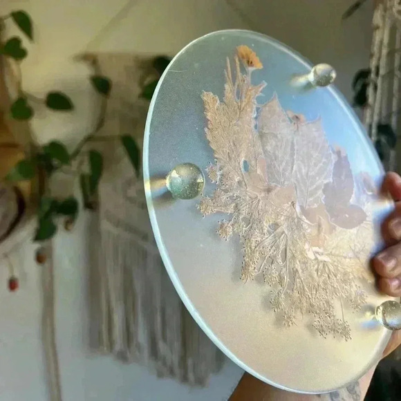 Vintage Glass Trivet with Pressed Dried Flowers 8" Wide Boho Style - Picture 2 of 7